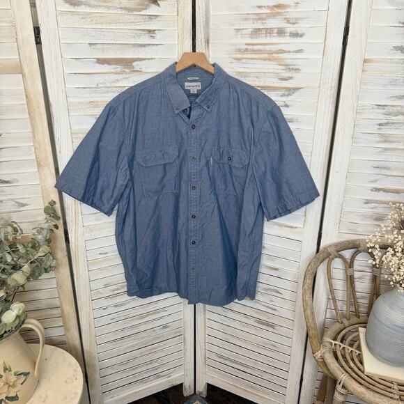 CARHARTT Men's 2XL Relaxed Fit 100% Cotton Short Sleeve Button Down Shirt Blue - Picture 7 of 7